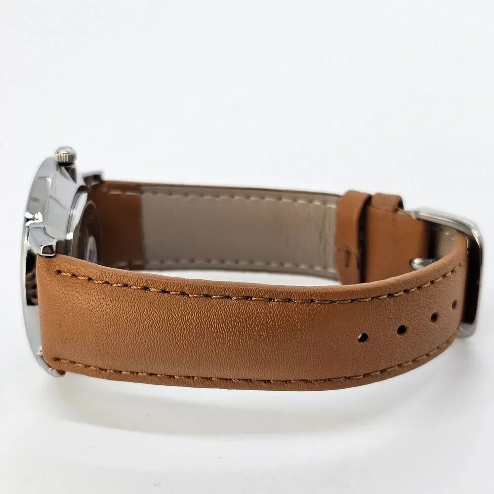 Men's Watch Minimalist 40MM Gray Case Blue Dial Date Light‎ Brown Leather Straps